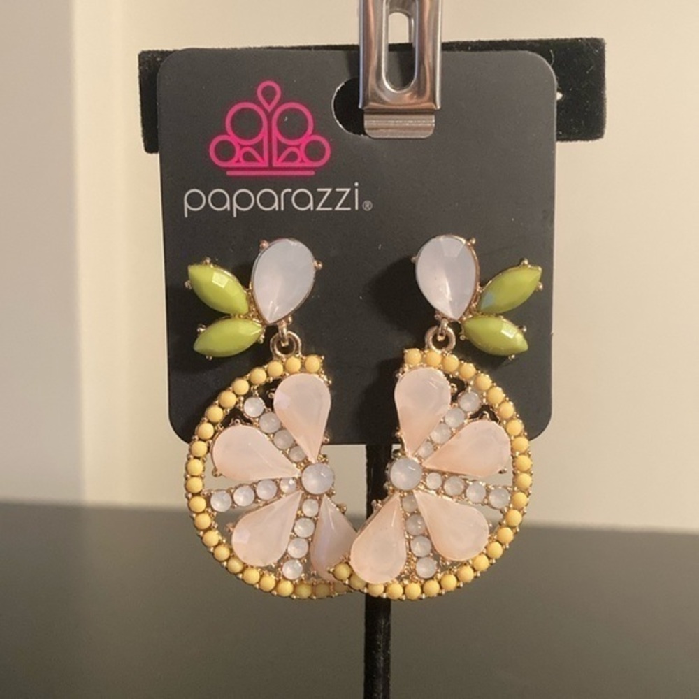 Paparazzi Yellow and Green Dangle Earrings with Leaf Accents